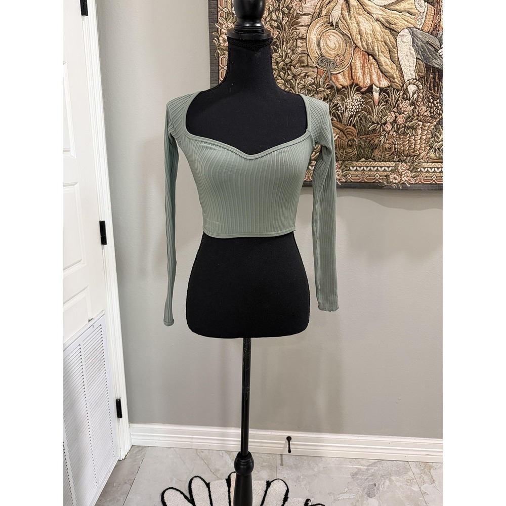 Out From Under‎ Shirt Womens XS/S Green Ribbed Sweetheart Crop Long Sleeve